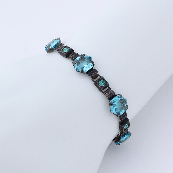 Vintage Walter E. Hayward Blue Glass Sterling Silver Link Bracelet - Picture 2 of 5